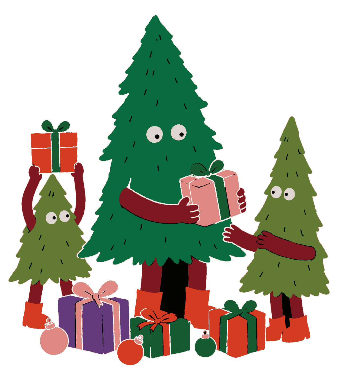 Trois sapins illustrés qui s'offrent des cadeaux de Noël