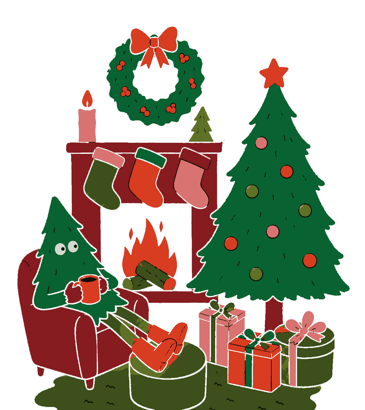 Sapin illustré au coin du feu avec chaussettes de Noël