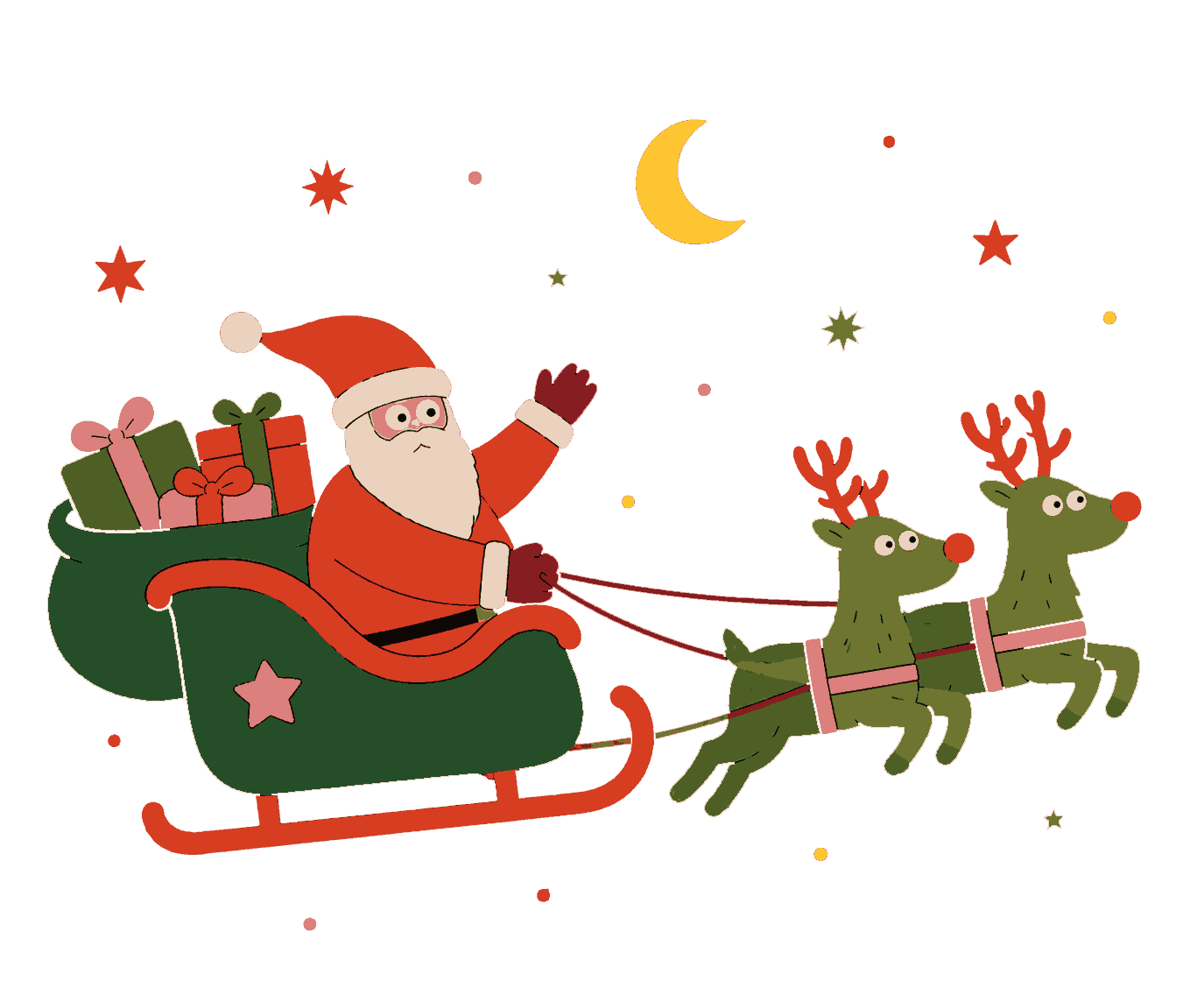 Père Noël dans son traîneau tiré par des rennes