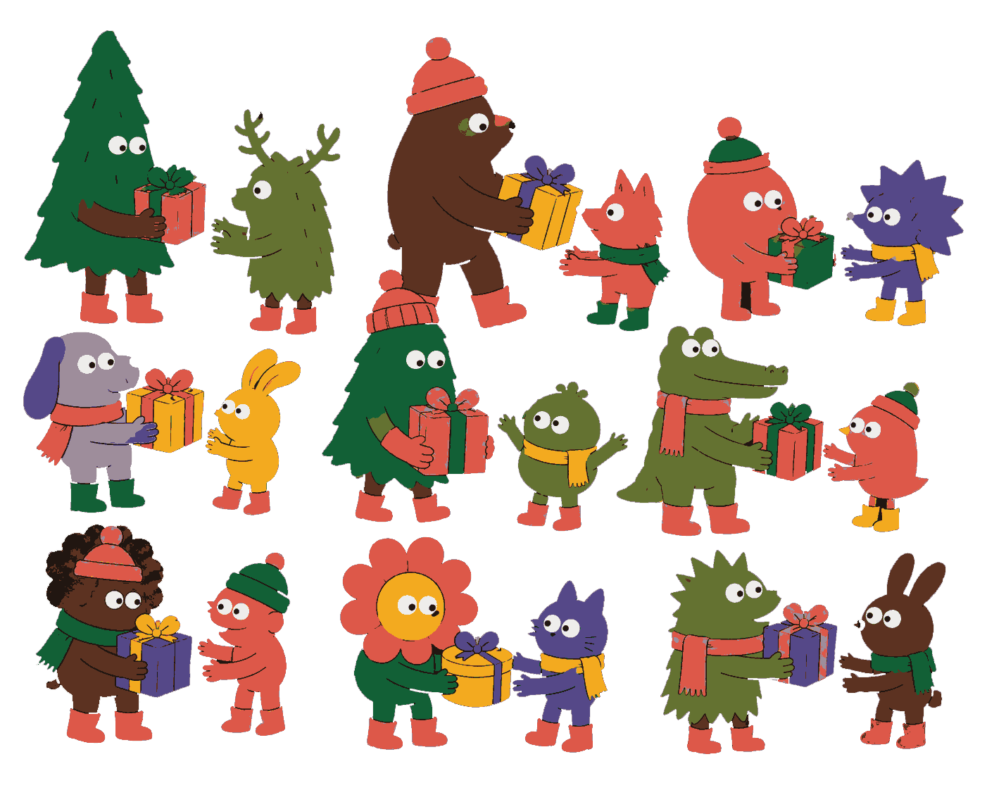 Personnages illustrés s'échangeant des cadeaux de Noël